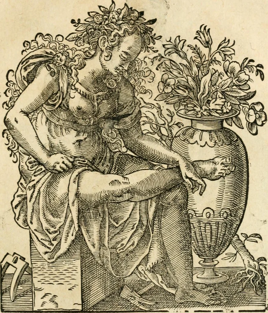 An illustration from Kunstbüchlin : Darinnen neben Fürbildung vieler, geistlicher vnnd weltlicher, hohes vnd niderstands Personen, so dann auch der Türkischen Käyser derselben obersten allerhandt kunstreiche Stück vnnd Figuren : auch die sieben Planeten, zehen alter Rittmeister vnnd Befelchshaber, Reutern vnd Contrafactur der Pferde, allerlen Thurnier, Fechten vnd dann erliche Helm vnd Helmdecken begriffen : Alles auff das zierlicht vnd künstlichst gerissen, 1599, leaf 90