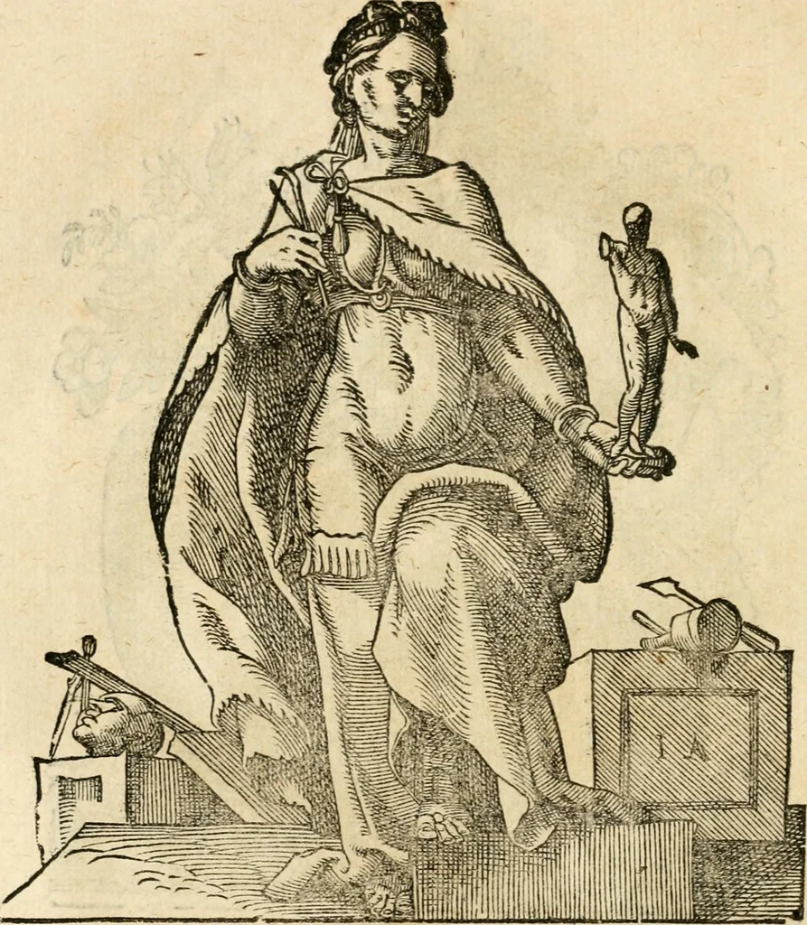 An illustration from Kunstbüchlin : Darinnen neben Fürbildung vieler, geistlicher vnnd weltlicher, hohes vnd niderstands Personen, so dann auch der Türkischen Käyser derselben obersten allerhandt kunstreiche Stück vnnd Figuren : auch die sieben Planeten, zehen alter Rittmeister vnnd Befelchshaber, Reutern vnd Contrafactur der Pferde, allerlen Thurnier, Fechten vnd dann erliche Helm vnd Helmdecken begriffen : Alles auff das zierlicht vnd künstlichst gerissen, 1599, leaf 91
