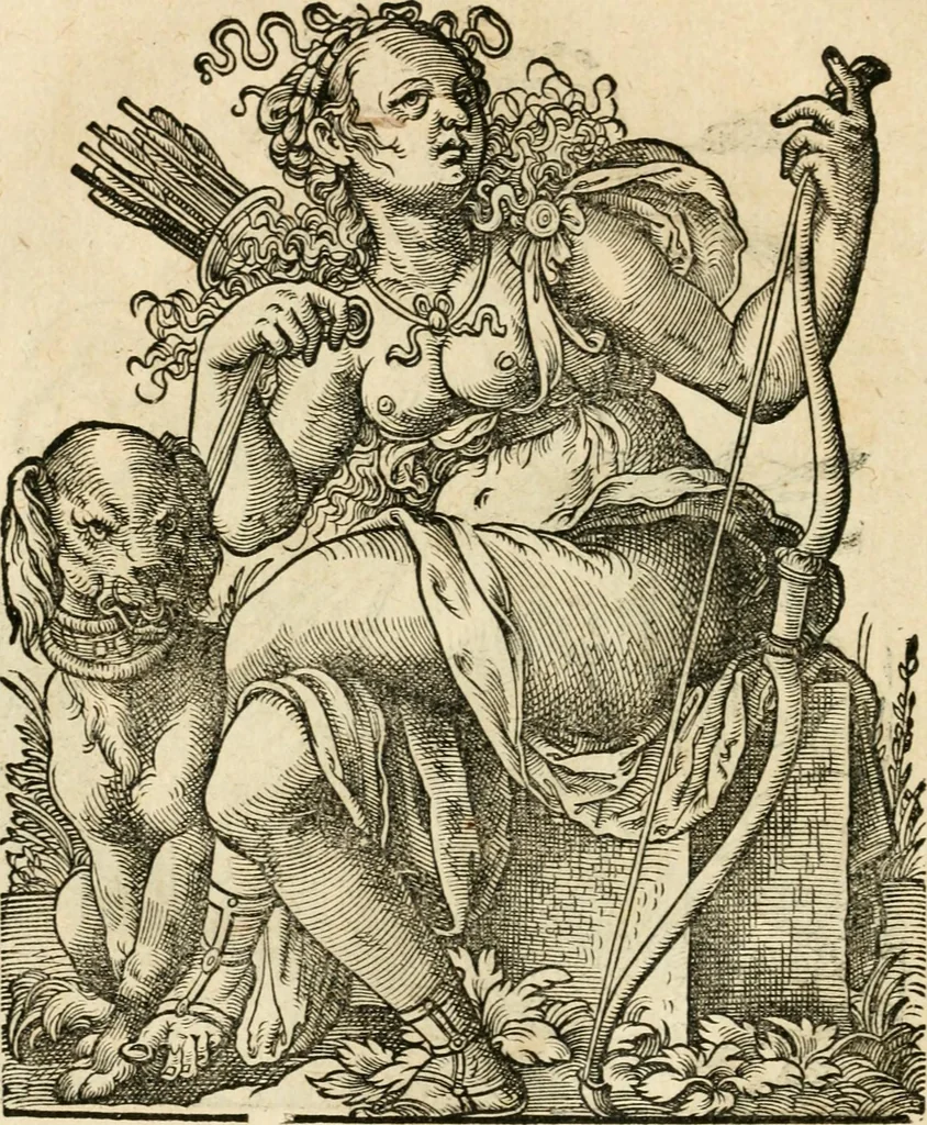 An illustration from Kunstbüchlin : Darinnen neben Fürbildung vieler, geistlicher vnnd weltlicher, hohes vnd niderstands Personen, so dann auch der Türkischen Käyser derselben obersten allerhandt kunstreiche Stück vnnd Figuren : auch die sieben Planeten, zehen alter Rittmeister vnnd Befelchshaber, Reutern vnd Contrafactur der Pferde, allerlen Thurnier, Fechten vnd dann erliche Helm vnd Helmdecken begriffen : Alles auff das zierlicht vnd künstlichst gerissen, 1599, leaf 93