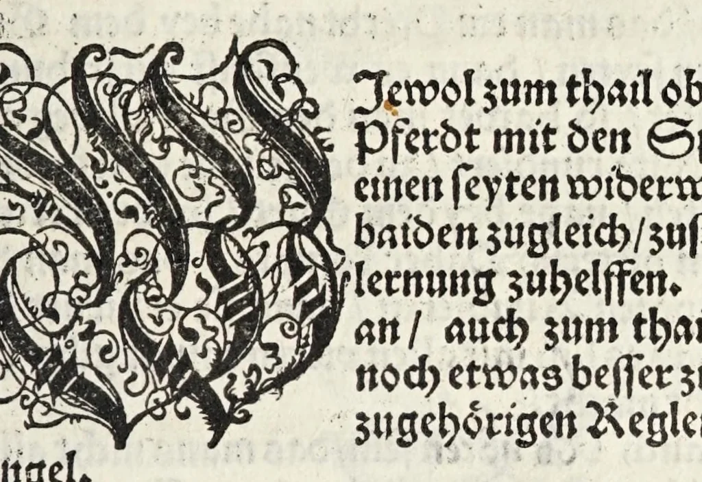 An illustration from Künstlicher Bericht vnd allerzierlichste Beschreybung des edlen, vhesten, vnnd hochberümbten Ehrn Friderici Grisonis Neapolitanischen hochlöblichen Adels : wie die streitbarn Pferdt (durch welche ritterliche Tugendten mehrers thails geübet) zum Ernst vnd ritterlicher Kurtzweil geschickt vnd volkommen zumachen .., 1573, leaf 101
