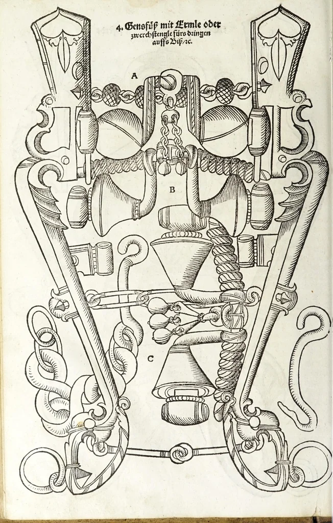 An illustration from Künstlicher Bericht vnd allerzierlichste Beschreybung des edlen, vhesten, vnnd hochberümbten Ehrn Friderici Grisonis Neapolitanischen hochlöblichen Adels : wie die streitbarn Pferdt (durch welche ritterliche Tugendten mehrers thails geübet) zum Ernst vnd ritterlicher Kurtzweil geschickt vnd volkommen zumachen .., 1573, leaf 166