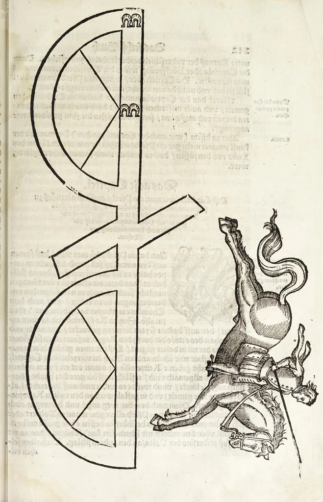 An illustration from Künstlicher Bericht vnd allerzierlichste Beschreybung des edlen, vhesten, vnnd hochberümbten Ehrn Friderici Grisonis Neapolitanischen hochlöblichen Adels : wie die streitbarn Pferdt (durch welche ritterliche Tugendten mehrers thails geübet) zum Ernst vnd ritterlicher Kurtzweil geschickt vnd volkommen zumachen .., 1573, leaf 233