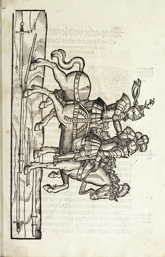 An illustration from Künstlicher Bericht vnd allerzierlichste Beschreybung des edlen, vhesten, vnnd hochberümbten Ehrn Friderici Grisonis Neapolitanischen hochlöblichen Adels : wie die streitbarn Pferdt (durch welche ritterliche Tugendten mehrers thails geübet) zum Ernst vnd ritterlicher Kurtzweil geschickt vnd volkommen zumachen .., 1573, leaf 297