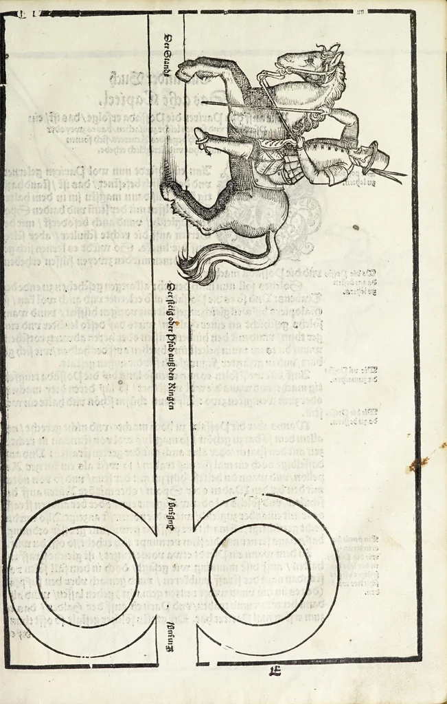 An illustration from Künstlicher Bericht vnd allerzierlichste Beschreybung des edlen, vhesten, vnnd hochberümbten Ehrn Friderici Grisonis Neapolitanischen hochlöblichen Adels : wie die streitbarn Pferdt (durch welche ritterliche Tugendten mehrers thails geübet) zum Ernst vnd ritterlicher Kurtzweil geschickt vnd volkommen zumachen .., 1573, leaf 71