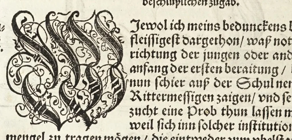 An illustration from Künstlicher Bericht vnd allerzierlichste Beschreybung des edlen, vhesten, vnnd hochberümbten Ehrn Friderici Grisonis Neapolitanischen hochlöblichen Adels : wie die streitbarn Pferdt (durch welche ritterliche Tugendten mehrers thails geübet) zum Ernst vnd ritterlicher Kurtzweil geschickt vnd volkommen zumachen .., 1573, leaf 90