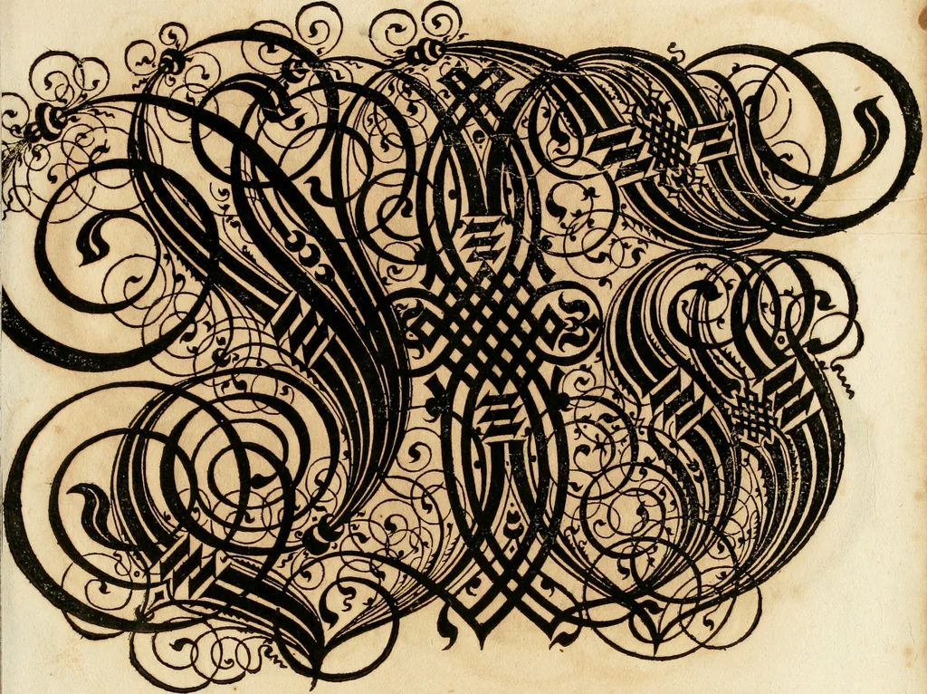 An illustration from Kunstrichtige Schreibart : allerhand Versalie[n] oder AnfangsBuchstabe[n] der teütschen, lateinischen und italianischen Schrifften aus unterschiedlichen Meistern der edlen Schreibkunst zusammen getragen, 1655, leaf 104