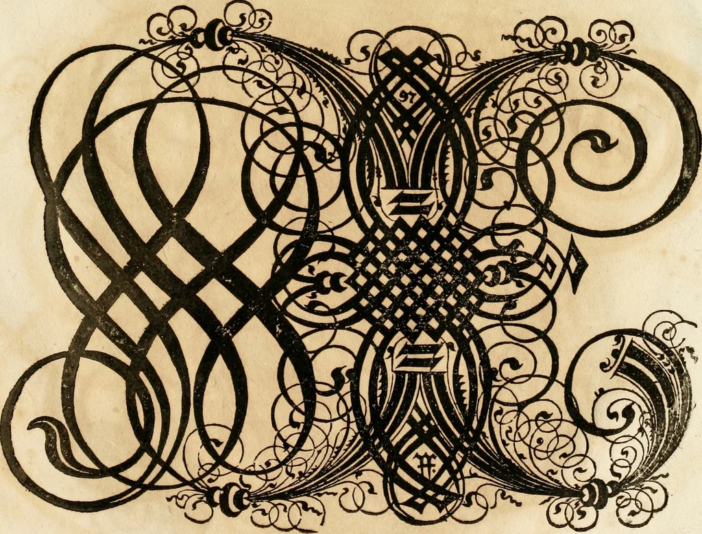 An illustration from Kunstrichtige Schreibart : allerhand Versalie[n] oder AnfangsBuchstabe[n] der teütschen, lateinischen und italianischen Schrifften aus unterschiedlichen Meistern der edlen Schreibkunst zusammen getragen, 1655, leaf 104