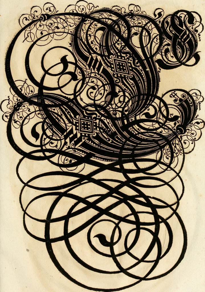 An illustration from Kunstrichtige Schreibart : allerhand Versalie[n] oder AnfangsBuchstabe[n] der teütschen, lateinischen und italianischen Schrifften aus unterschiedlichen Meistern der edlen Schreibkunst zusammen getragen, 1655, leaf 112