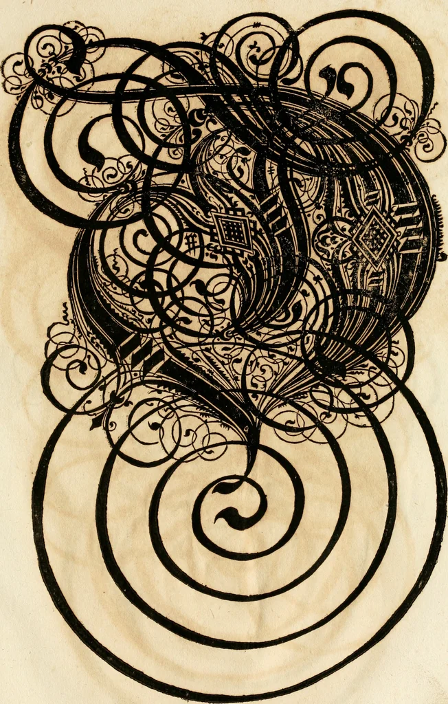 An illustration from Kunstrichtige Schreibart : allerhand Versalie[n] oder AnfangsBuchstabe[n] der teütschen, lateinischen und italianischen Schrifften aus unterschiedlichen Meistern der edlen Schreibkunst zusammen getragen, 1655, leaf 114