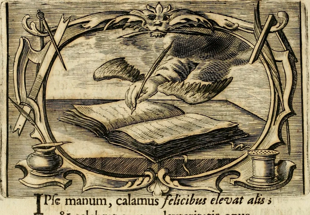 An illustration from Kunstrichtige Schreibart : allerhand Versalie[n] oder AnfangsBuchstabe[n] der teütschen, lateinischen und italianischen Schrifften aus unterschiedlichen Meistern der edlen Schreibkunst zusammen getragen, 1655, leaf 19