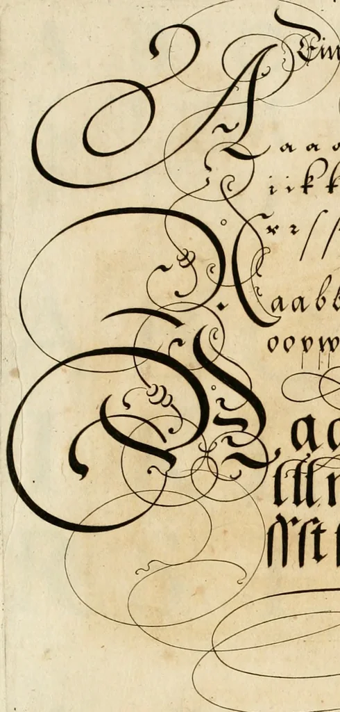 An illustration from Kunstrichtige Schreibart : allerhand Versalie[n] oder AnfangsBuchstabe[n] der teütschen, lateinischen und italianischen Schrifften aus unterschiedlichen Meistern der edlen Schreibkunst zusammen getragen, 1655, leaf 20