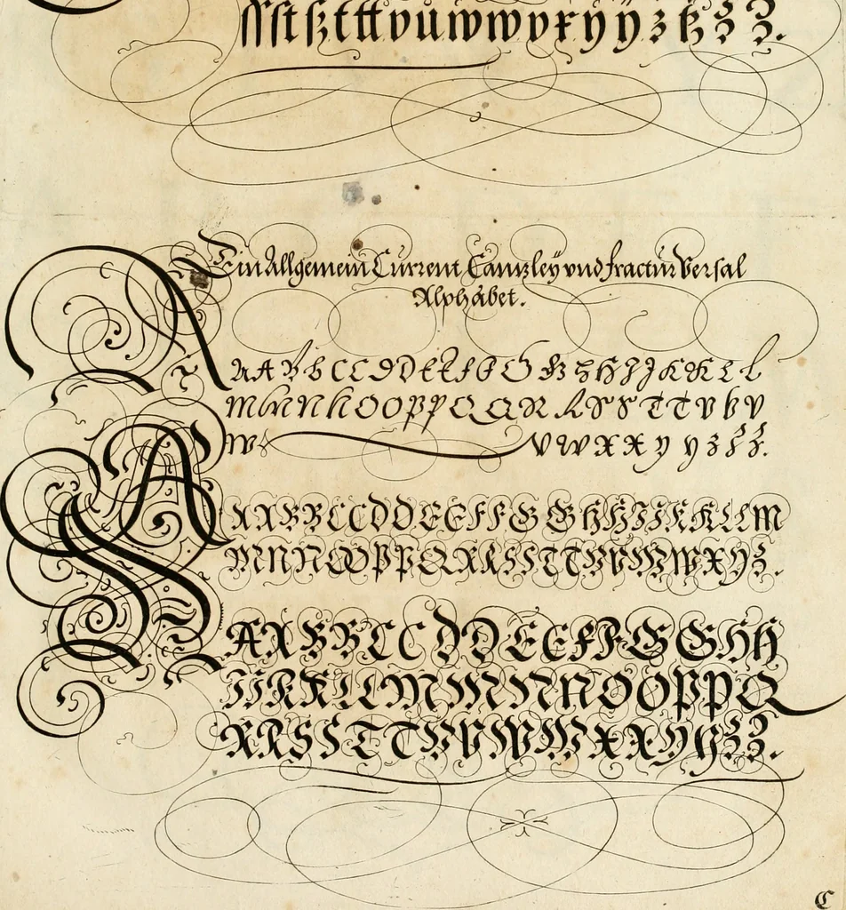 An illustration from Kunstrichtige Schreibart : allerhand Versalie[n] oder AnfangsBuchstabe[n] der teütschen, lateinischen und italianischen Schrifften aus unterschiedlichen Meistern der edlen Schreibkunst zusammen getragen, 1655, leaf 20