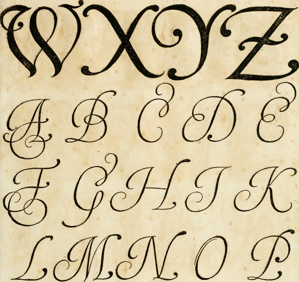 An illustration from Kunstrichtige Schreibart : allerhand Versalie[n] oder AnfangsBuchstabe[n] der teütschen, lateinischen und italianischen Schrifften aus unterschiedlichen Meistern der edlen Schreibkunst zusammen getragen, 1655, leaf 32