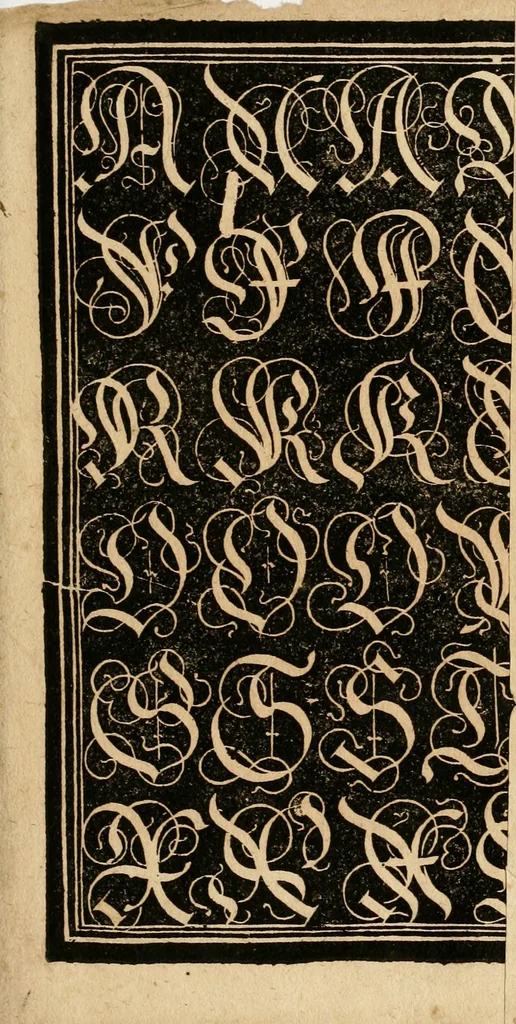An illustration from Kunstrichtige Schreibart : allerhand Versalie[n] oder AnfangsBuchstabe[n] der teütschen, lateinischen und italianischen Schrifften aus unterschiedlichen Meistern der edlen Schreibkunst zusammen getragen, 1655, leaf 34