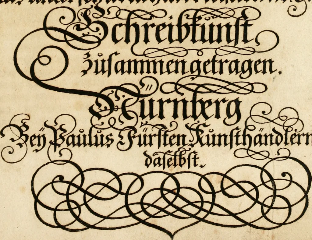 An illustration from Kunstrichtige Schreibart : allerhand Versalie[n] oder AnfangsBuchstabe[n] der teütschen, lateinischen und italianischen Schrifften aus unterschiedlichen Meistern der edlen Schreibkunst zusammen getragen, 1655, leaf 4