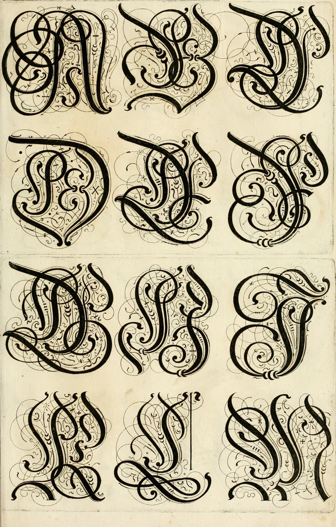 An illustration from Kunstrichtige Schreibart : allerhand Versalie[n] oder AnfangsBuchstabe[n] der teütschen, lateinischen und italianischen Schrifften aus unterschiedlichen Meistern der edlen Schreibkunst zusammen getragen, 1655, leaf 44