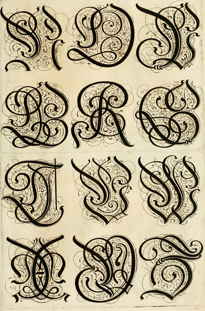 An illustration from Kunstrichtige Schreibart : allerhand Versalie[n] oder AnfangsBuchstabe[n] der teütschen, lateinischen und italianischen Schrifften aus unterschiedlichen Meistern der edlen Schreibkunst zusammen getragen, 1655, leaf 46