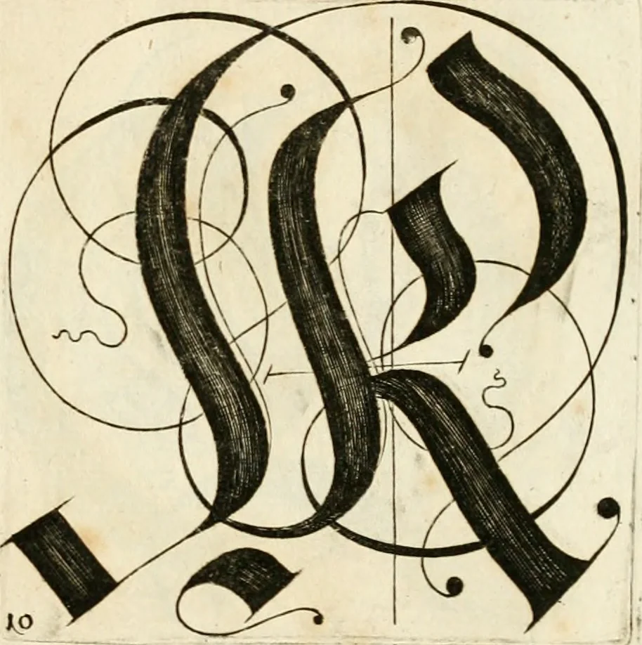 An illustration from Kunstrichtige Schreibart : allerhand Versalie[n] oder AnfangsBuchstabe[n] der teütschen, lateinischen und italianischen Schrifften aus unterschiedlichen Meistern der edlen Schreibkunst zusammen getragen, 1655, leaf 50