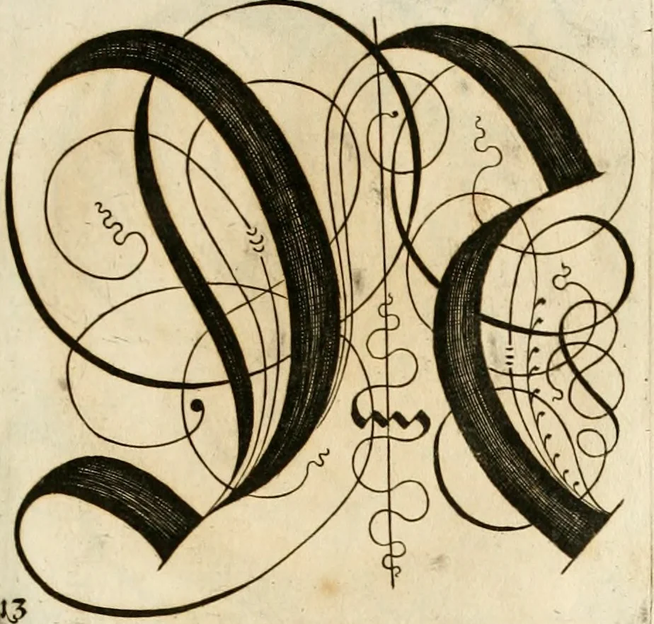 An illustration from Kunstrichtige Schreibart : allerhand Versalie[n] oder AnfangsBuchstabe[n] der teütschen, lateinischen und italianischen Schrifften aus unterschiedlichen Meistern der edlen Schreibkunst zusammen getragen, 1655, leaf 52