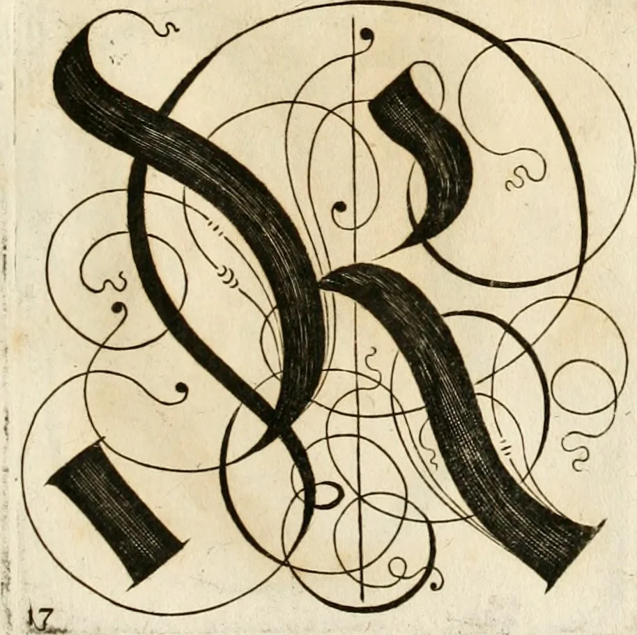 An illustration from Kunstrichtige Schreibart : allerhand Versalie[n] oder AnfangsBuchstabe[n] der teütschen, lateinischen und italianischen Schrifften aus unterschiedlichen Meistern der edlen Schreibkunst zusammen getragen, 1655, leaf 52