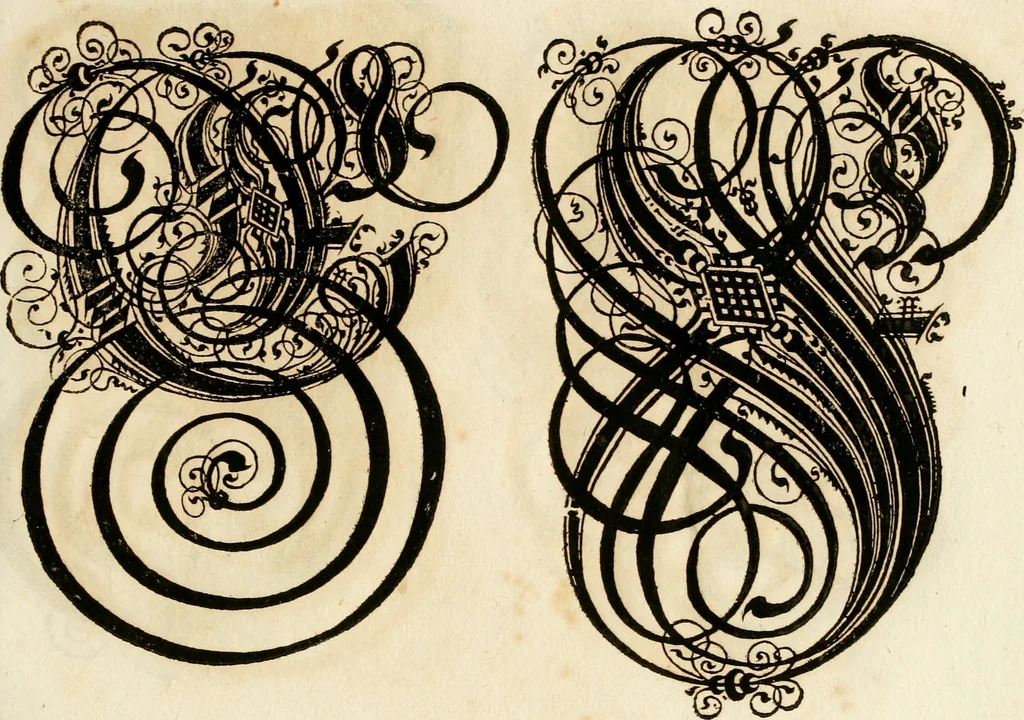 An illustration from Kunstrichtige Schreibart : allerhand Versalie[n] oder AnfangsBuchstabe[n] der teütschen, lateinischen und italianischen Schrifften aus unterschiedlichen Meistern der edlen Schreibkunst zusammen getragen, 1655, leaf 58