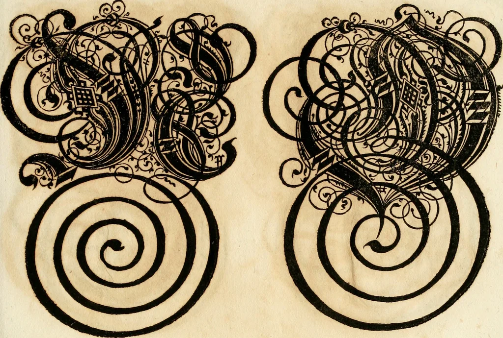 An illustration from Kunstrichtige Schreibart : allerhand Versalie[n] oder AnfangsBuchstabe[n] der teütschen, lateinischen und italianischen Schrifften aus unterschiedlichen Meistern der edlen Schreibkunst zusammen getragen, 1655, leaf 62