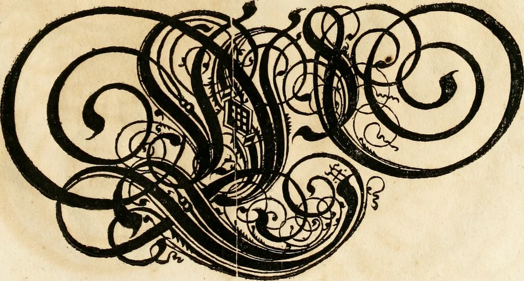An illustration from Kunstrichtige Schreibart : allerhand Versalie[n] oder AnfangsBuchstabe[n] der teütschen, lateinischen und italianischen Schrifften aus unterschiedlichen Meistern der edlen Schreibkunst zusammen getragen, 1655, leaf 68