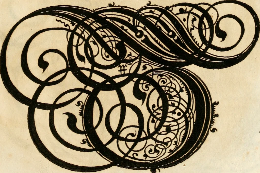 An illustration from Kunstrichtige Schreibart : allerhand Versalie[n] oder AnfangsBuchstabe[n] der teütschen, lateinischen und italianischen Schrifften aus unterschiedlichen Meistern der edlen Schreibkunst zusammen getragen, 1655, leaf 82