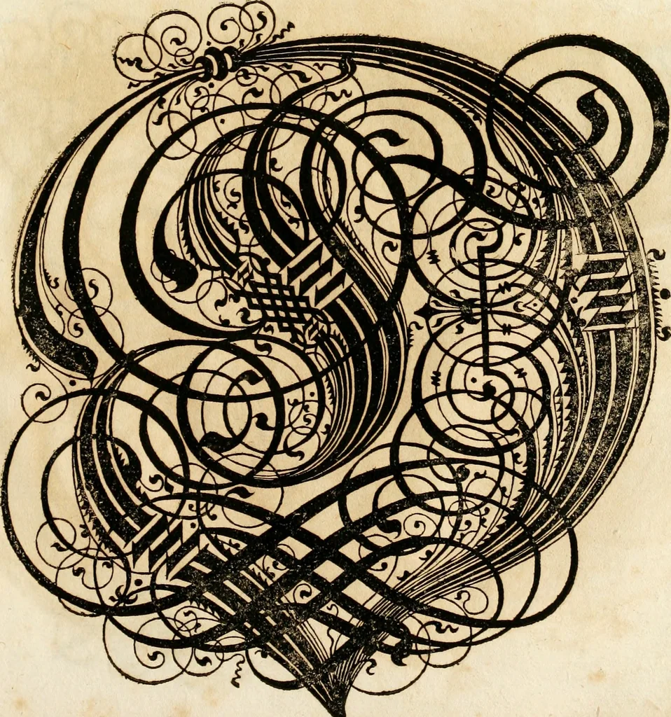 An illustration from Kunstrichtige Schreibart : allerhand Versalie[n] oder AnfangsBuchstabe[n] der teütschen, lateinischen und italianischen Schrifften aus unterschiedlichen Meistern der edlen Schreibkunst zusammen getragen, 1655, leaf 86