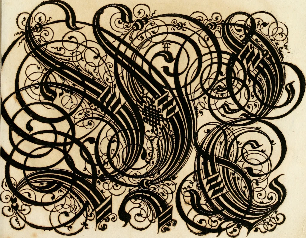 An illustration from Kunstrichtige Schreibart : allerhand Versalie[n] oder AnfangsBuchstabe[n] der teütschen, lateinischen und italianischen Schrifften aus unterschiedlichen Meistern der edlen Schreibkunst zusammen getragen, 1655, leaf 94