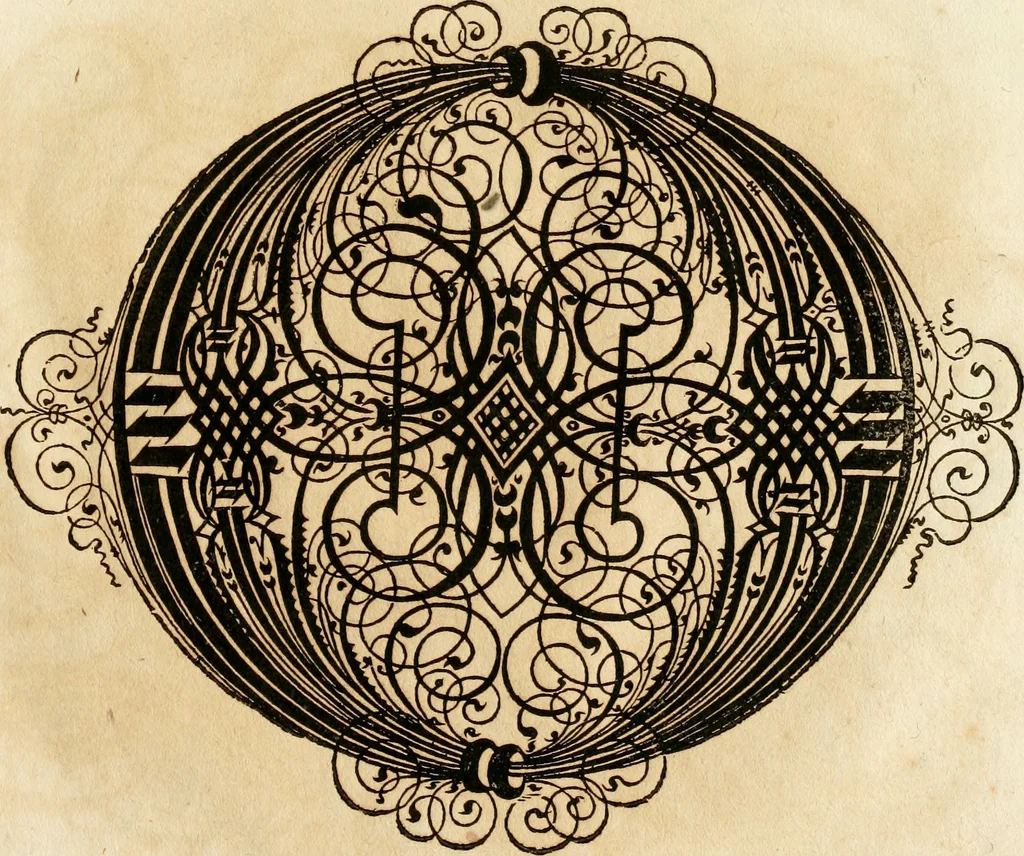 An illustration from Kunstrichtige Schreibart : allerhand Versalie[n] oder AnfangsBuchstabe[n] der teütschen, lateinischen und italianischen Schrifften aus unterschiedlichen Meistern der edlen Schreibkunst zusammen getragen, 1655, leaf 96