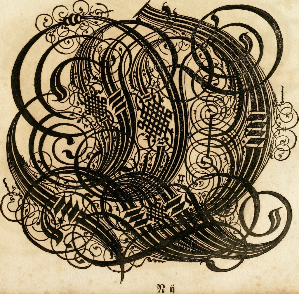 An illustration from Kunstrichtige Schreibart : allerhand Versalie[n] oder AnfangsBuchstabe[n] der teütschen, lateinischen und italianischen Schrifften aus unterschiedlichen Meistern der edlen Schreibkunst zusammen getragen, 1655, leaf 98