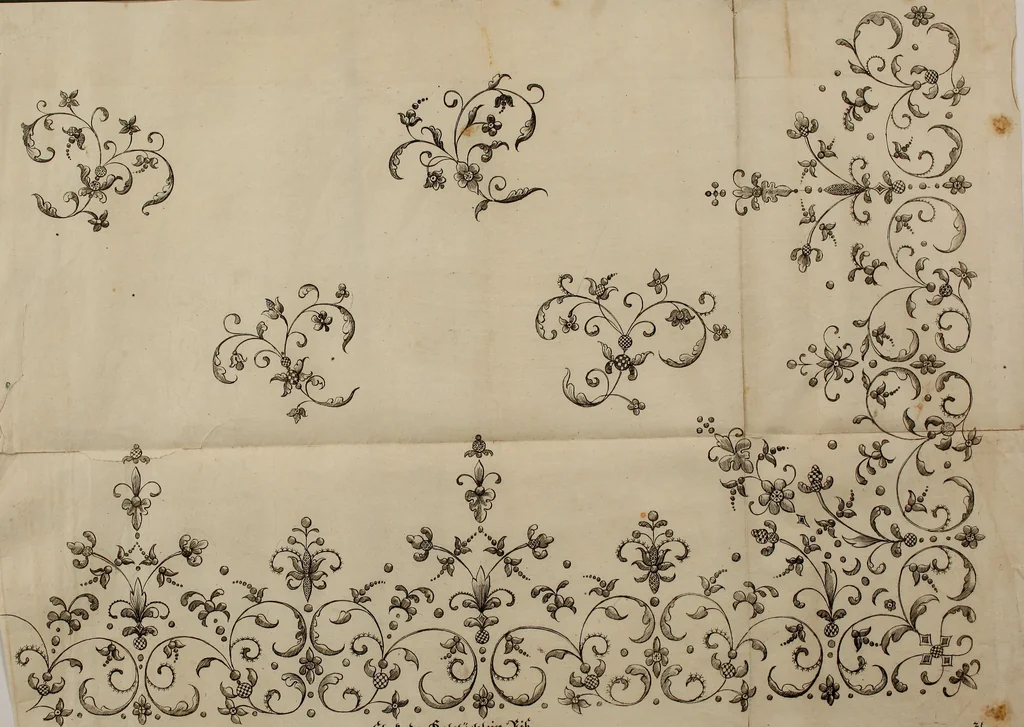 An illustration from Kunst-und Fleiss-übende Nadel-Ergötzungen; oder, neu erfundenes Neh-und Stick-Buch. Worin dem, solche schöne wissenschafftliebendem Frauenzimmer, allerhand, zu vielen Sachen anständige, Muster und Risse, nach der neuesten Façon, zu deren nützlichen Bedienung, 1730, leaf 35