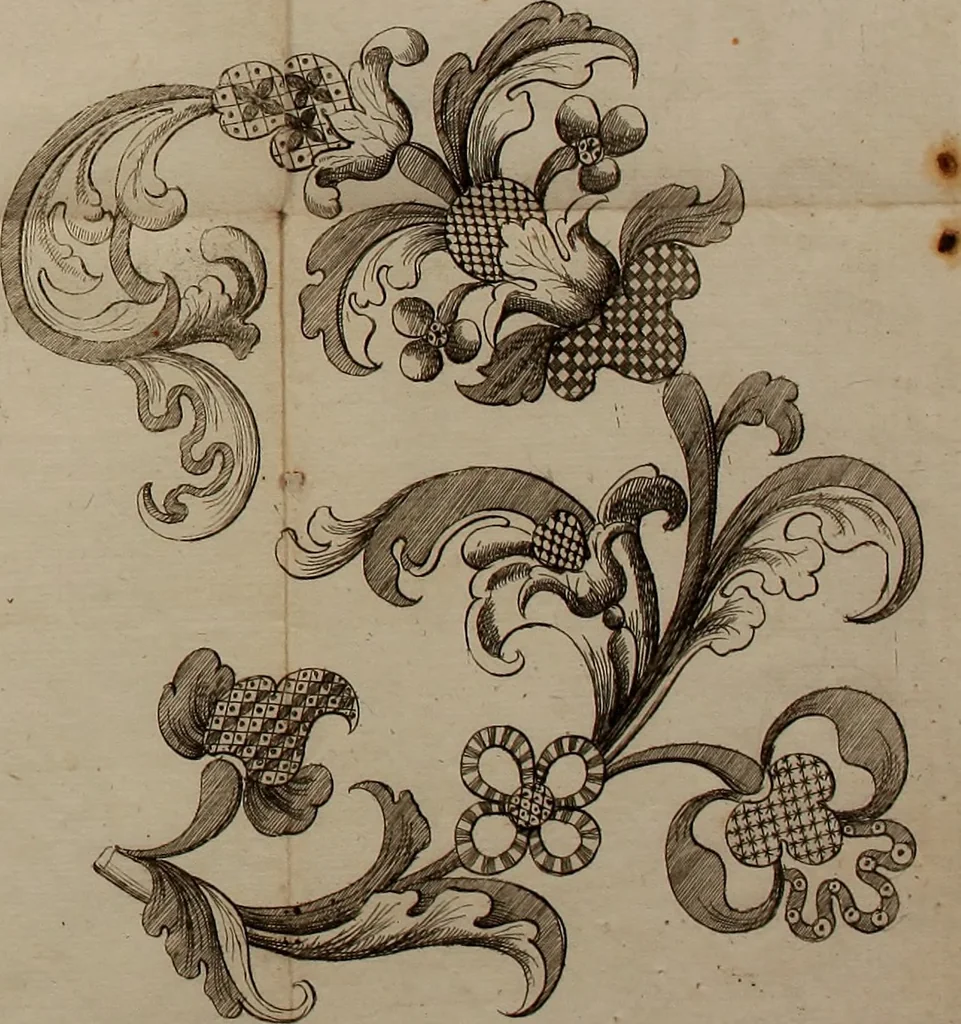 An illustration from Kunst-und Fleiss-übende Nadel-Ergötzungen; oder, neu erfundenes Neh-und Stick-Buch. Worin dem, solche schöne wissenschafftliebendem Frauenzimmer, allerhand, zu vielen Sachen anständige, Muster und Risse, nach der neuesten Façon, zu deren nützlichen Bedienung, 1730, leaf 37