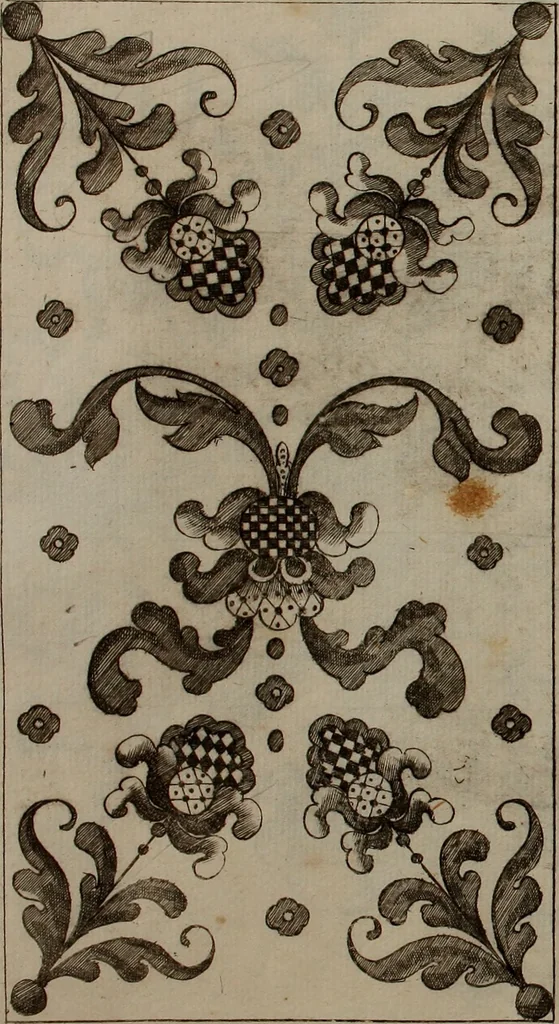 An illustration from Kunst-und Fleiss-übende Nadel-Ergötzungen; oder, neu erfundenes Neh-und Stick-Buch. Worin dem, solche schöne wissenschafftliebendem Frauenzimmer, allerhand, zu vielen Sachen anständige, Muster und Risse, nach der neuesten Façon, zu deren nützlichen Bedienung, 1730, leaf 52