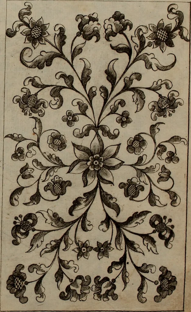 An illustration from Kunst-und Fleiss-übende Nadel-Ergötzungen; oder, neu erfundenes Neh-und Stick-Buch. Worin dem, solche schöne wissenschafftliebendem Frauenzimmer, allerhand, zu vielen Sachen anständige, Muster und Risse, nach der neuesten Façon, zu deren nützlichen Bedienung, 1730, leaf 52