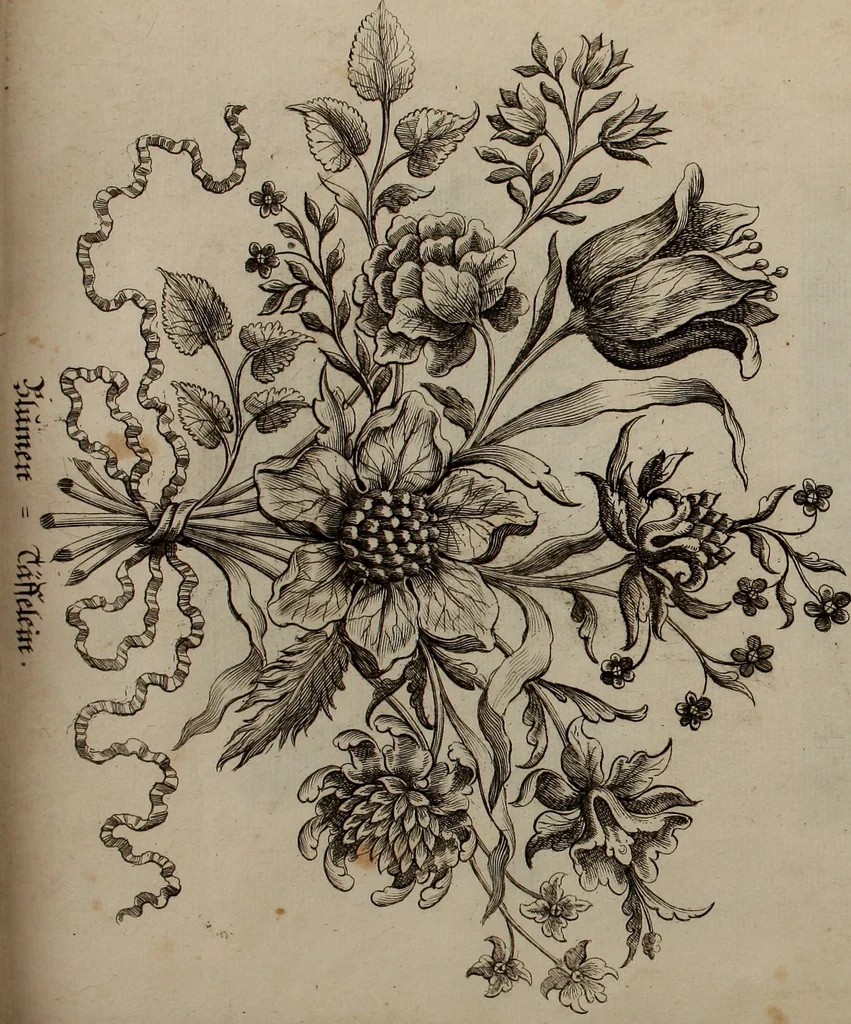 An illustration from Kunst-und Fleiss-übende Nadel-Ergötzungen; oder, neu erfundenes Neh-und Stick-Buch. Worin dem, solche schöne wissenschafftliebendem Frauenzimmer, allerhand, zu vielen Sachen anständige, Muster und Risse, nach der neuesten Façon, zu deren nützlichen Bedienung, 1730, leaf 54
