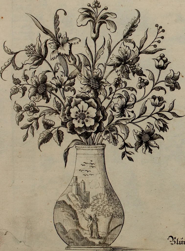 An illustration from Kunst-und Fleiss-übende Nadel-Ergötzungen; oder, neu erfundenes Neh-und Stick-Buch. Worin dem, solche schöne wissenschafftliebendem Frauenzimmer, allerhand, zu vielen Sachen anständige, Muster und Risse, nach der neuesten Façon, zu deren nützlichen Bedienung, 1730, leaf 58