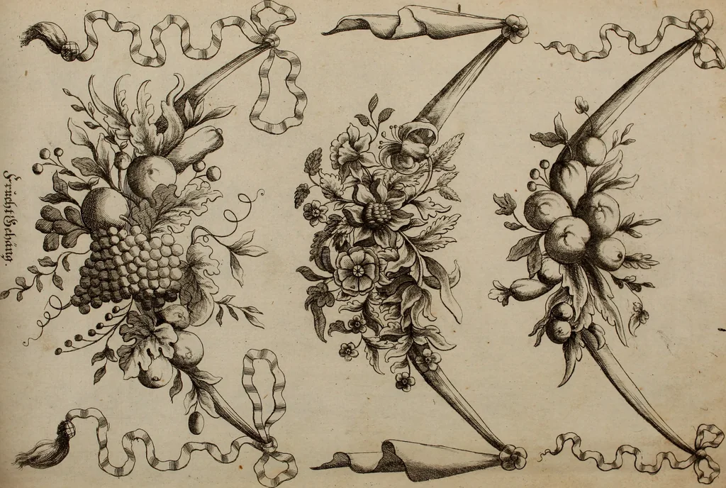 An illustration from Kunst-und Fleiss-übende Nadel-Ergötzungen; oder, neu erfundenes Neh-und Stick-Buch. Worin dem, solche schöne wissenschafftliebendem Frauenzimmer, allerhand, zu vielen Sachen anständige, Muster und Risse, nach der neuesten Façon, zu deren nützlichen Bedienung, 1730, leaf 70