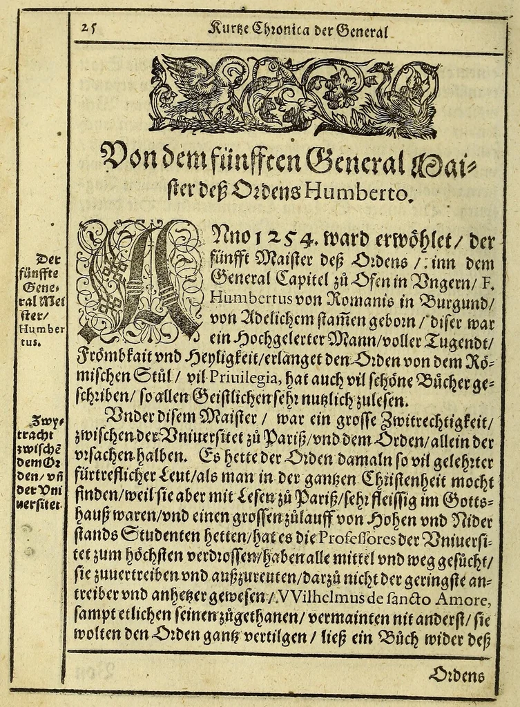 An illustration from Kurtze Chronica das ist, Historische Beschreibung (neben andern mercklichen Puncten) der General Maister Prediger Ordens vnd was zü eines jeden zeit für Fürnehme, Hochgelehrte, auch Heylige Brüder vnd Schwestern im Prediger Orden gelebt haben., 1596, leaf 34