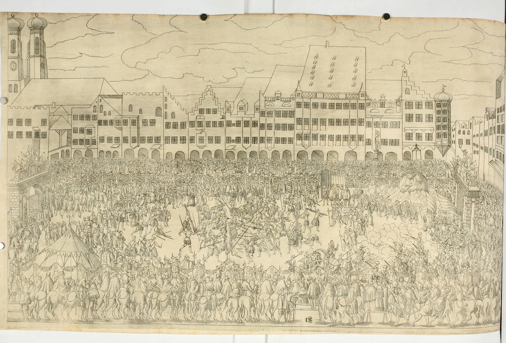 An illustration from Kurtze doch gegründte Beschreibung des durchleuchtigen hochgebornnen Fürsten vnnd Herzen, Herzen Wilhalmen,: Pfaltzgrauen bey Rhein, Hertzogen inn Obern vnd Nidern Baiern, &c. vnd derselbe, geliebsten Gemahel, der deuchtleuchtigist hochgebornnen Fürstin, Frewlein Renata gebornne Hertzogin zu Lottringen vnd Parr, &c. gehalten Hochzeitlichen Ehren Fests. Auch welcher gestalt die...Potentaten...enschinen. Vnd dann was für herrliche Ritterspil...Neben andern...kurtzweilen...in der Fürstlichen Haubstat München gehalten worden sein, den zwenvndzwaintzigisten vnd nachuolgende tag Februarij, Jm 1568. Jar, 1568, leaf 106