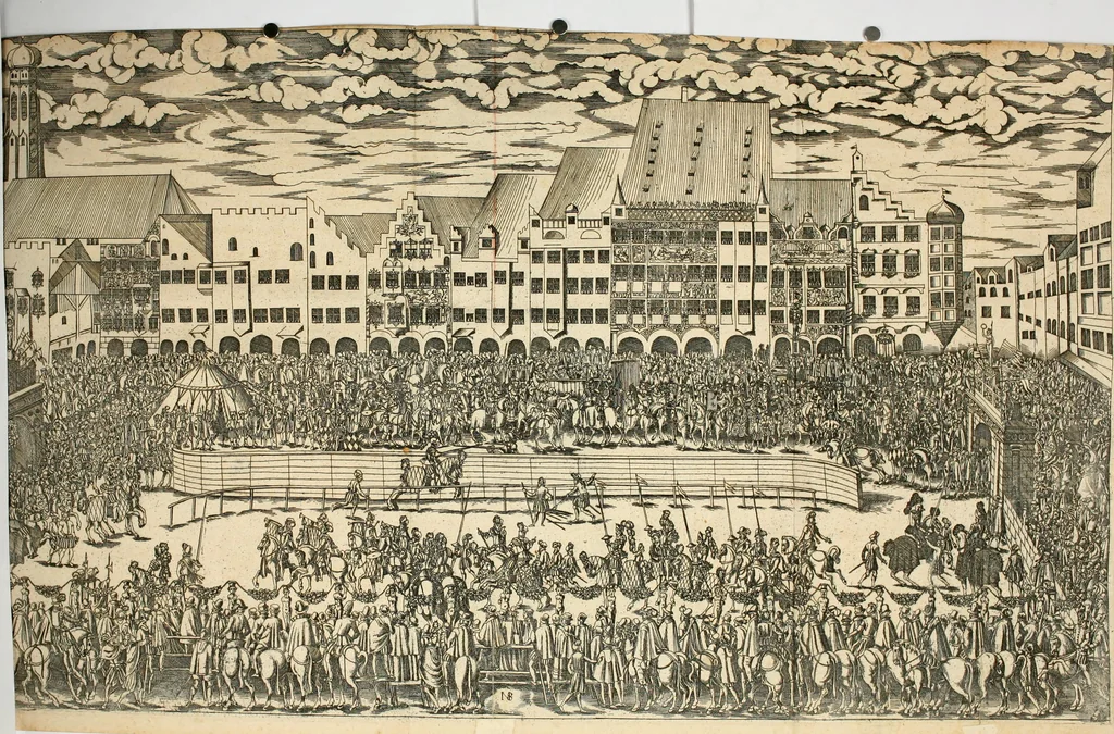 An illustration from Kurtze doch gegründte Beschreibung des durchleuchtigen hochgebornnen Fürsten vnnd Herzen, Herzen Wilhalmen,: Pfaltzgrauen bey Rhein, Hertzogen inn Obern vnd Nidern Baiern, &c. vnd derselbe, geliebsten Gemahel, der deuchtleuchtigist hochgebornnen Fürstin, Frewlein Renata gebornne Hertzogin zu Lottringen vnd Parr, &c. gehalten Hochzeitlichen Ehren Fests. Auch welcher gestalt die...Potentaten...enschinen. Vnd dann was für herrliche Ritterspil...Neben andern...kurtzweilen...in der Fürstlichen Haubstat München gehalten worden sein, den zwenvndzwaintzigisten vnd nachuolgende tag Februarij, Jm 1568. Jar, 1568, leaf 123