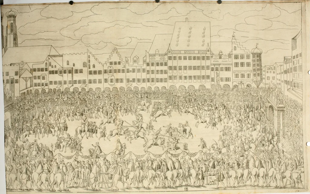 An illustration from Kurtze doch gegründte Beschreibung des durchleuchtigen hochgebornnen Fürsten vnnd Herzen, Herzen Wilhalmen,: Pfaltzgrauen bey Rhein, Hertzogen inn Obern vnd Nidern Baiern, &c. vnd derselbe, geliebsten Gemahel, der deuchtleuchtigist hochgebornnen Fürstin, Frewlein Renata gebornne Hertzogin zu Lottringen vnd Parr, &c. gehalten Hochzeitlichen Ehren Fests. Auch welcher gestalt die...Potentaten...enschinen. Vnd dann was für herrliche Ritterspil...Neben andern...kurtzweilen...in der Fürstlichen Haubstat München gehalten worden sein, den zwenvndzwaintzigisten vnd nachuolgende tag Februarij, Jm 1568. Jar, 1568, leaf 131