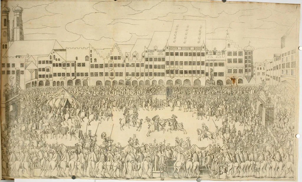 An illustration from Kurtze doch gegründte Beschreibung des durchleuchtigen hochgebornnen Fürsten vnnd Herzen, Herzen Wilhalmen,: Pfaltzgrauen bey Rhein, Hertzogen inn Obern vnd Nidern Baiern, &c. vnd derselbe, geliebsten Gemahel, der deuchtleuchtigist hochgebornnen Fürstin, Frewlein Renata gebornne Hertzogin zu Lottringen vnd Parr, &c. gehalten Hochzeitlichen Ehren Fests. Auch welcher gestalt die...Potentaten...enschinen. Vnd dann was für herrliche Ritterspil...Neben andern...kurtzweilen...in der Fürstlichen Haubstat München gehalten worden sein, den zwenvndzwaintzigisten vnd nachuolgende tag Februarij, Jm 1568. Jar, 1568, leaf 143