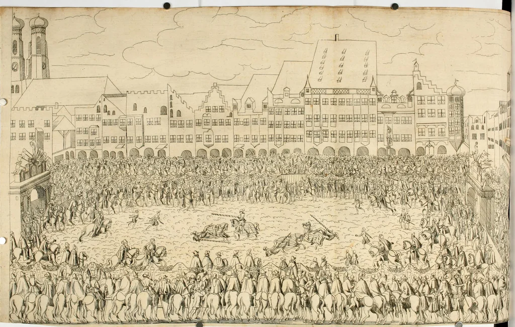 An illustration from Kurtze doch gegründte Beschreibung des durchleuchtigen hochgebornnen Fürsten vnnd Herzen, Herzen Wilhalmen,: Pfaltzgrauen bey Rhein, Hertzogen inn Obern vnd Nidern Baiern, &c. vnd derselbe, geliebsten Gemahel, der deuchtleuchtigist hochgebornnen Fürstin, Frewlein Renata gebornne Hertzogin zu Lottringen vnd Parr, &c. gehalten Hochzeitlichen Ehren Fests. Auch welcher gestalt die...Potentaten...enschinen. Vnd dann was für herrliche Ritterspil...Neben andern...kurtzweilen...in der Fürstlichen Haubstat München gehalten worden sein, den zwenvndzwaintzigisten vnd nachuolgende tag Februarij, Jm 1568. Jar, 1568, leaf 150