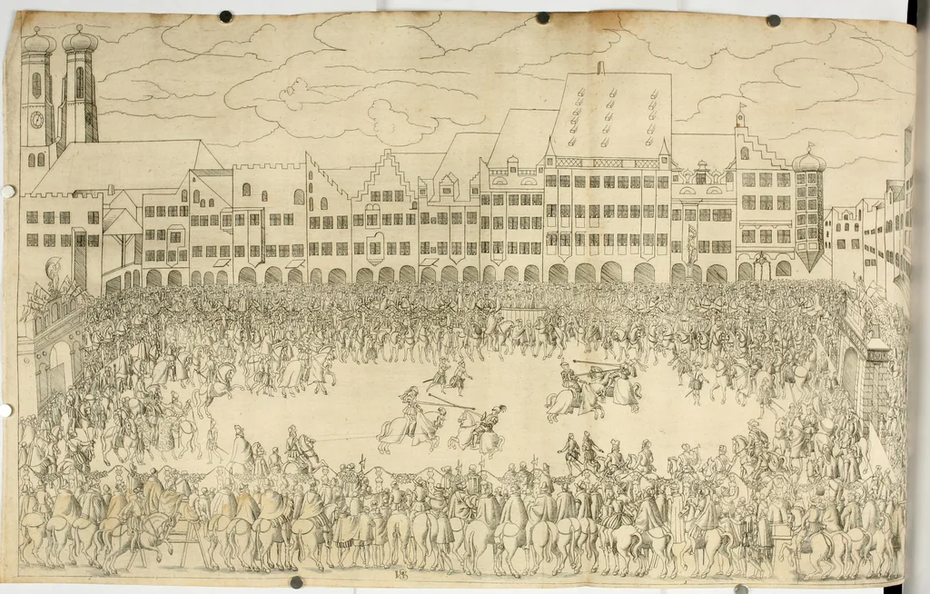 An illustration from Kurtze doch gegründte Beschreibung des durchleuchtigen hochgebornnen Fürsten vnnd Herzen, Herzen Wilhalmen,: Pfaltzgrauen bey Rhein, Hertzogen inn Obern vnd Nidern Baiern, &c. vnd derselbe, geliebsten Gemahel, der deuchtleuchtigist hochgebornnen Fürstin, Frewlein Renata gebornne Hertzogin zu Lottringen vnd Parr, &c. gehalten Hochzeitlichen Ehren Fests. Auch welcher gestalt die...Potentaten...enschinen. Vnd dann was für herrliche Ritterspil...Neben andern...kurtzweilen...in der Fürstlichen Haubstat München gehalten worden sein, den zwenvndzwaintzigisten vnd nachuolgende tag Februarij, Jm 1568. Jar, 1568, leaf 154