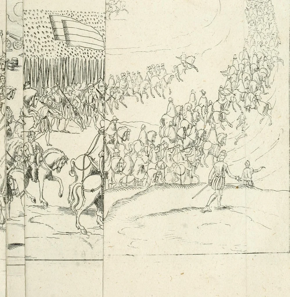 An illustration from Kurtze doch gegründte Beschreibung des durchleuchtigen hochgebornnen Fürsten vnnd Herzen, Herzen Wilhalmen,: Pfaltzgrauen bey Rhein, Hertzogen inn Obern vnd Nidern Baiern, &c. vnd derselbe, geliebsten Gemahel, der deuchtleuchtigist hochgebornnen Fürstin, Frewlein Renata gebornne Hertzogin zu Lottringen vnd Parr, &c. gehalten Hochzeitlichen Ehren Fests. Auch welcher gestalt die...Potentaten...enschinen. Vnd dann was für herrliche Ritterspil...Neben andern...kurtzweilen...in der Fürstlichen Haubstat München gehalten worden sein, den zwenvndzwaintzigisten vnd nachuolgende tag Februarij, Jm 1568. Jar, 1568, leaf 60