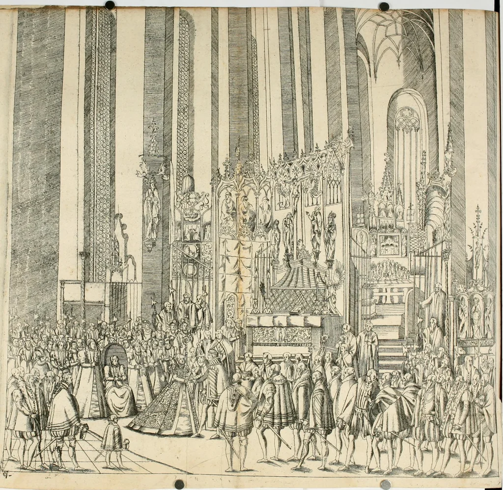An illustration from Kurtze doch gegründte Beschreibung des durchleuchtigen hochgebornnen Fürsten vnnd Herzen, Herzen Wilhalmen,: Pfaltzgrauen bey Rhein, Hertzogen inn Obern vnd Nidern Baiern, &c. vnd derselbe, geliebsten Gemahel, der deuchtleuchtigist hochgebornnen Fürstin, Frewlein Renata gebornne Hertzogin zu Lottringen vnd Parr, &c. gehalten Hochzeitlichen Ehren Fests. Auch welcher gestalt die...Potentaten...enschinen. Vnd dann was für herrliche Ritterspil...Neben andern...kurtzweilen...in der Fürstlichen Haubstat München gehalten worden sein, den zwenvndzwaintzigisten vnd nachuolgende tag Februarij, Jm 1568. Jar, 1568, leaf 72