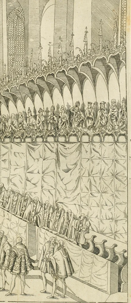 An illustration from Kurtze doch gegründte Beschreibung des durchleuchtigen hochgebornnen Fürsten vnnd Herzen, Herzen Wilhalmen,: Pfaltzgrauen bey Rhein, Hertzogen inn Obern vnd Nidern Baiern, &c. vnd derselbe, geliebsten Gemahel, der deuchtleuchtigist hochgebornnen Fürstin, Frewlein Renata gebornne Hertzogin zu Lottringen vnd Parr, &c. gehalten Hochzeitlichen Ehren Fests. Auch welcher gestalt die...Potentaten...enschinen. Vnd dann was für herrliche Ritterspil...Neben andern...kurtzweilen...in der Fürstlichen Haubstat München gehalten worden sein, den zwenvndzwaintzigisten vnd nachuolgende tag Februarij, Jm 1568. Jar, 1568, leaf 76