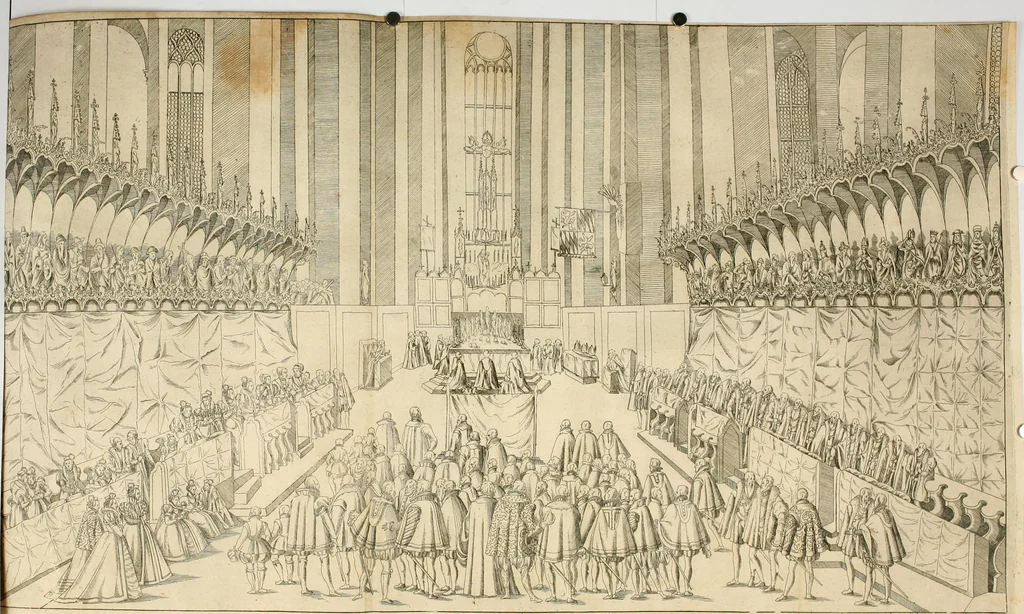 An illustration from Kurtze doch gegründte Beschreibung des durchleuchtigen hochgebornnen Fürsten vnnd Herzen, Herzen Wilhalmen,: Pfaltzgrauen bey Rhein, Hertzogen inn Obern vnd Nidern Baiern, &c. vnd derselbe, geliebsten Gemahel, der deuchtleuchtigist hochgebornnen Fürstin, Frewlein Renata gebornne Hertzogin zu Lottringen vnd Parr, &c. gehalten Hochzeitlichen Ehren Fests. Auch welcher gestalt die...Potentaten...enschinen. Vnd dann was für herrliche Ritterspil...Neben andern...kurtzweilen...in der Fürstlichen Haubstat München gehalten worden sein, den zwenvndzwaintzigisten vnd nachuolgende tag Februarij, Jm 1568. Jar, 1568, leaf 77